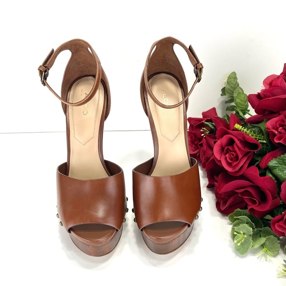 ALDO LARAA BROWN LEATHER WOODEN HEELED SANDALS - Picture 7 of 16
